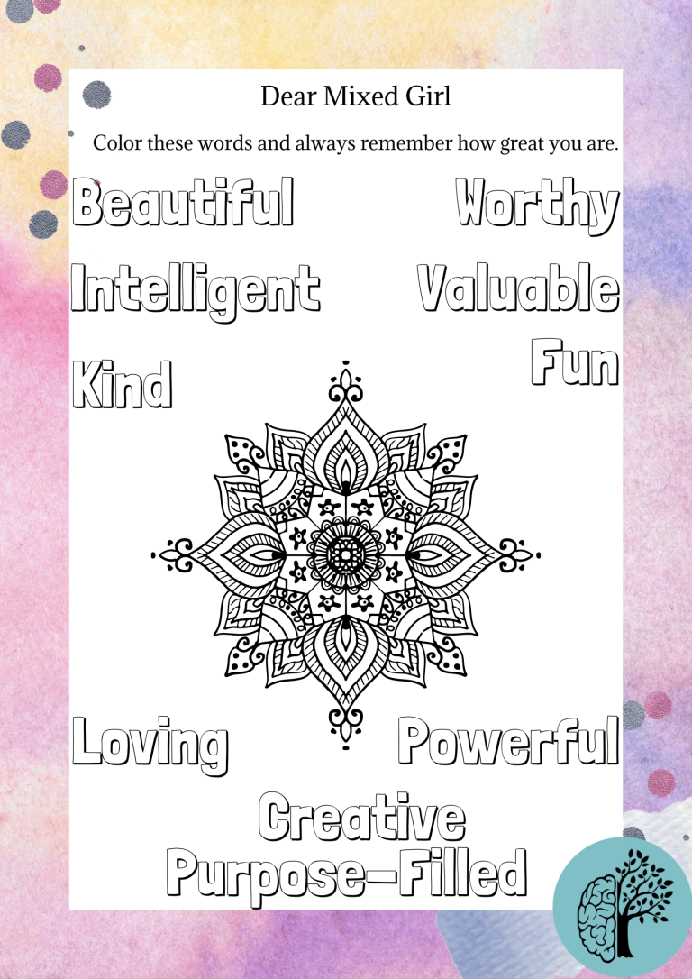 Colorful Dear Mixed Girl Coloring Page with Kind Descriptive Words for Women