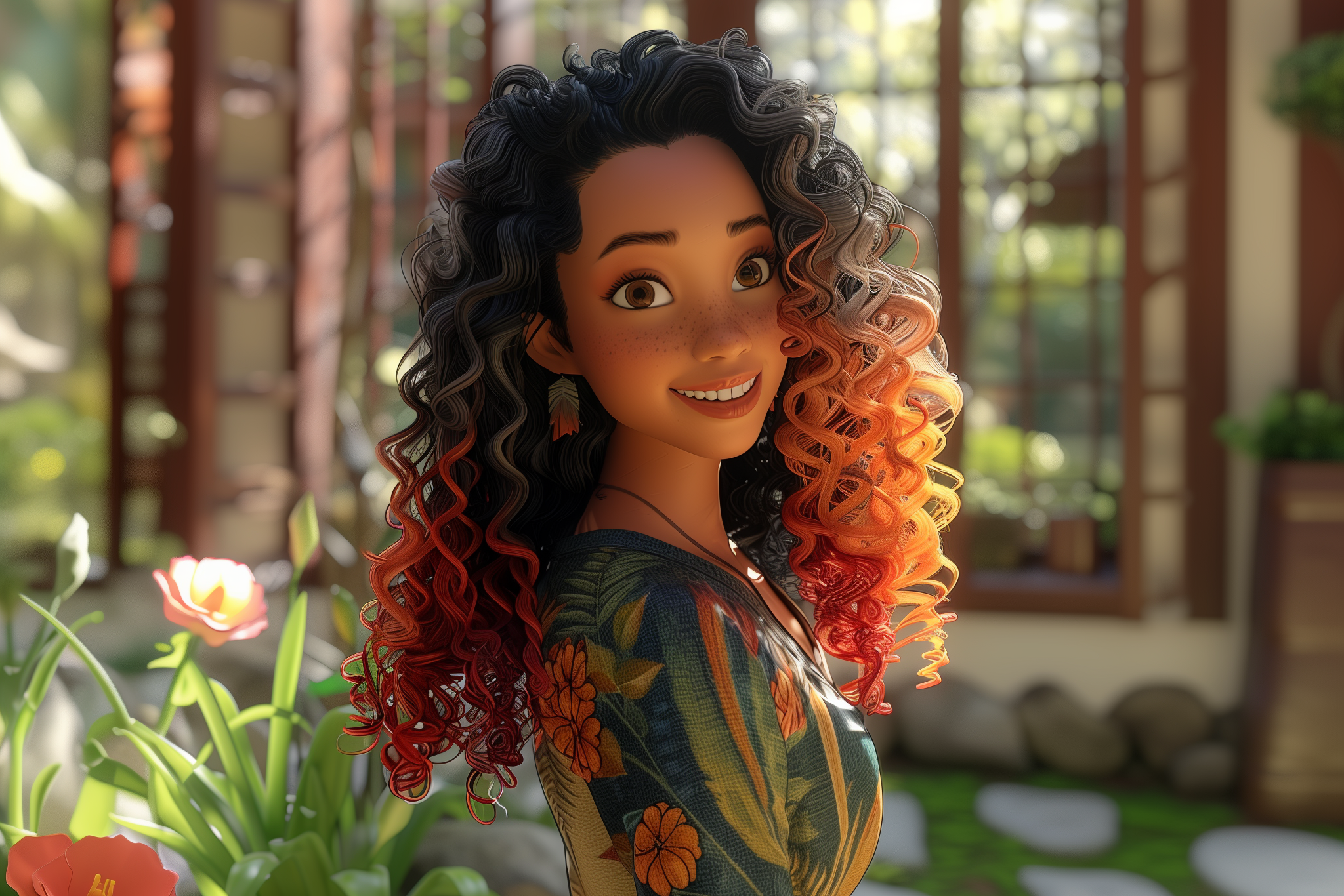 Cartoon Brown-Skinned Mixed Woman with Curly Multicolored Hair