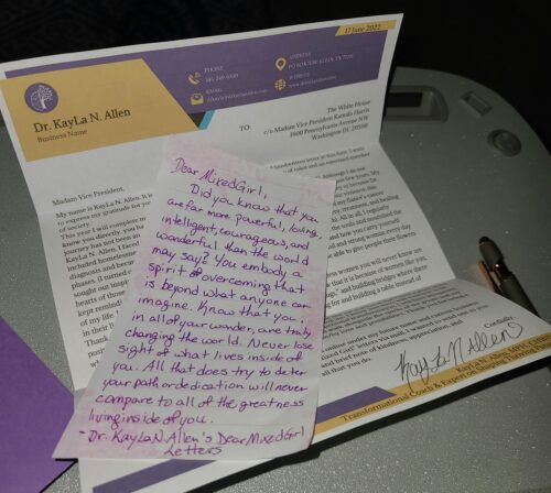 Written Dear Mixed Girl Letter to VP Kamala Harris in 2022 with Purple Lettering