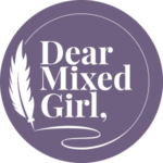 Purple and White Logo with quill drawn around a circle with "Dear Mixed Girl" in the center of it.