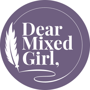 Purple and White Logo with quill drawn around a circle with "Dear Mixed Girl" in the center of it.