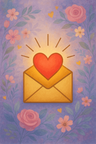Purple background with pink flowers green leaves and yellow hearts. Center of the image has a yellow envelope opening with a red heart glowing with a golden glow