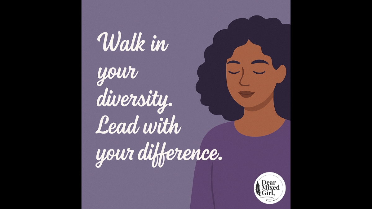 Cartoon image of Dr. KayLa with curly hair and a purple shirt. Dear Mixed Girl black and white logo with wording "Walk in your diversity. Lead with your difference."