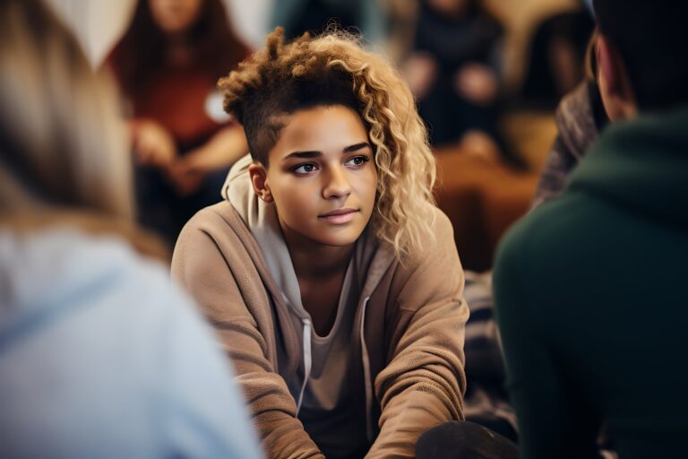 Teenage mixed girl with blond and black hair shaved on one side and curly on the other. She is wearing a light brown hooded jacket and is seated on the floor with a pensive look on her face