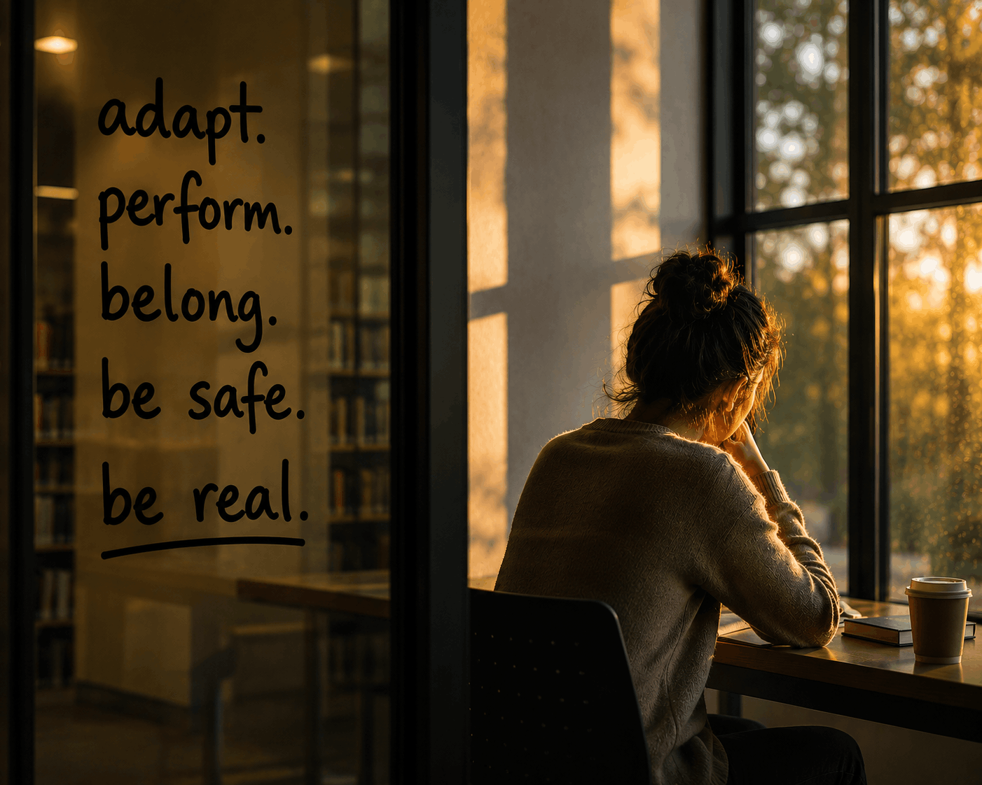 Girl look out of sunsettting window with trees, resting her hands on her chin, words on wall behind her "adapt perform, belong, be safe, be real"