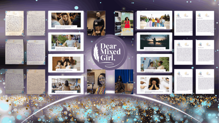 Colorful collage of written Dear Mixed Girl Letters, Dear Mixed Girl Blogs, Images of Dr. KayLa and the Purple Dear Mixed Girl Logo