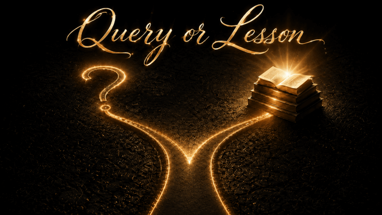 Dark, dramatic image with the title “Query or Lesson” written in glowing gold script across the top. A golden road begins at the bottom center and splits into two paths. The left path curves toward a bright question mark, representing inquiry or uncertainty, while the right path leads toward a stack of books with an open glowing book on top, representing wisdom, learning, and spiritual growth. The image uses deep black and warm gold tones to show the choice between questioning a difficult moment and receiving the lesson within it.