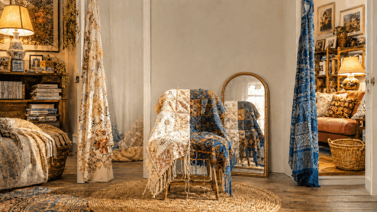 Alt text: A warmly lit home interior with a small chair at the center, draped in two contrasting patterned textiles: one light, floral, and soft-toned, and one deep blue with rich geometric designs. A mirror behind the chair reflects the blended fabrics as one whole piece, while cozy rooms, books, lamps, rugs, and family-home details surround the scene. The image symbolizes a mixed or biracial girl being deeply loved at home while still carrying parts of her identity that need deeper listening and understanding.