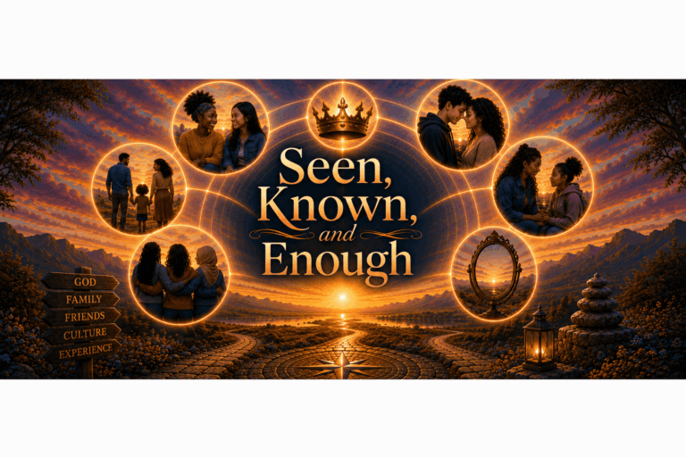 Sunset, Images of family and friends, and the title "seen known and enough in bold orange and white ombre colors"