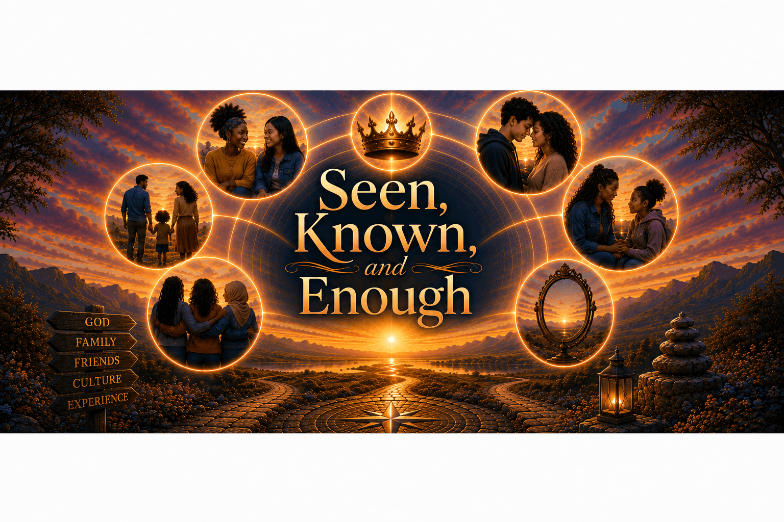 Sunset, Images of family and friends, and the title "seen known and enough in bold orange and white ombre colors"