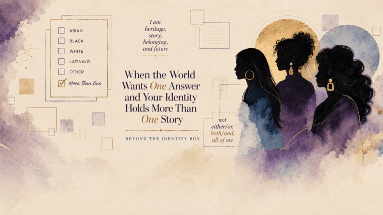 Illustrated article image showing three shadowed young women beside identity checkboxes, symbolizing mixed identity beyond simple categories.