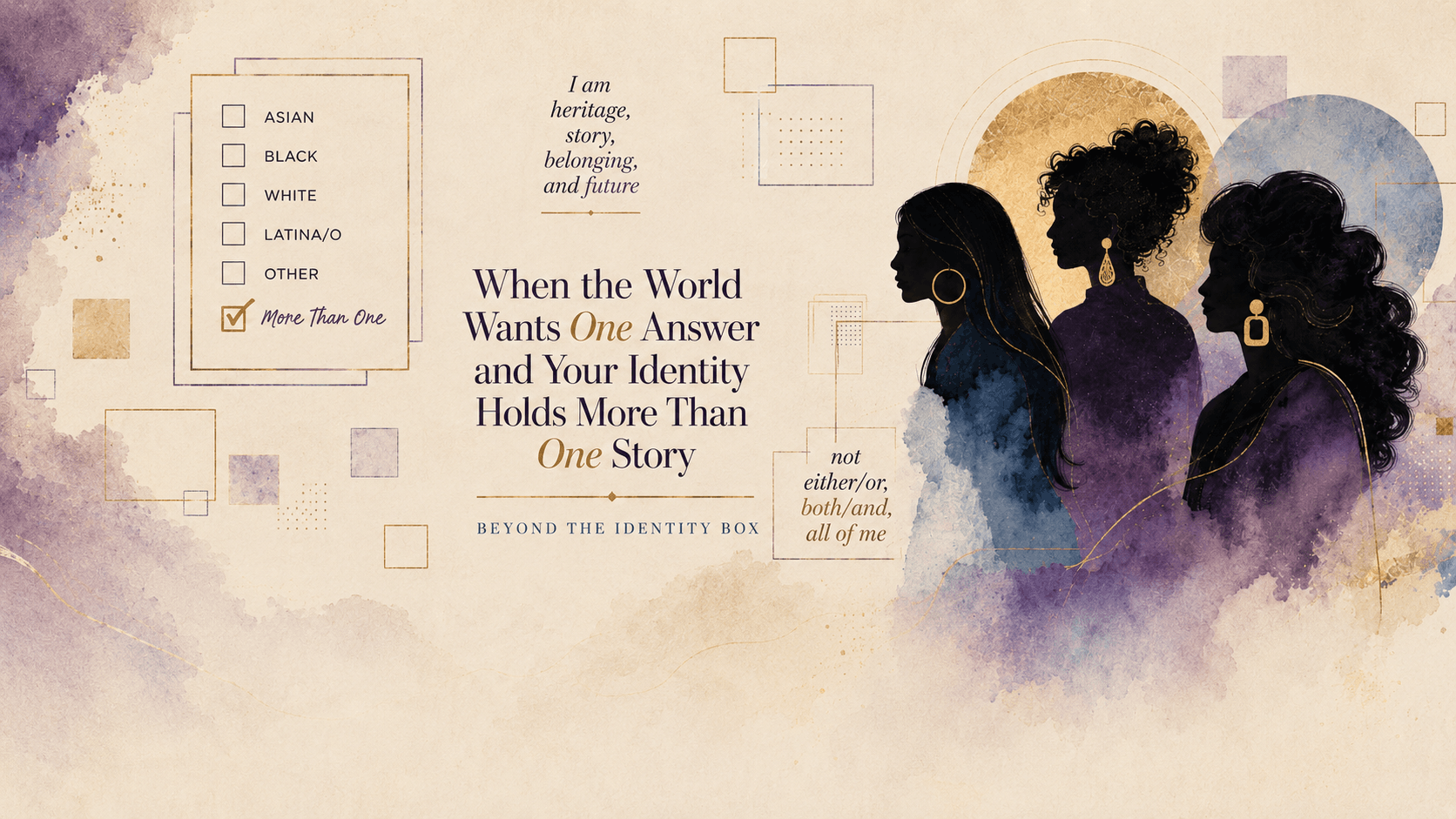Illustrated article image showing three shadowed young women beside identity checkboxes, symbolizing mixed identity beyond simple categories.