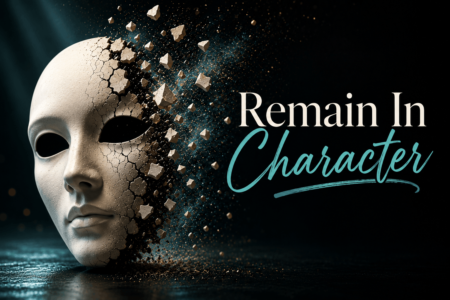 white theater mask breaking into shards white and teal letters reading the words remain in character