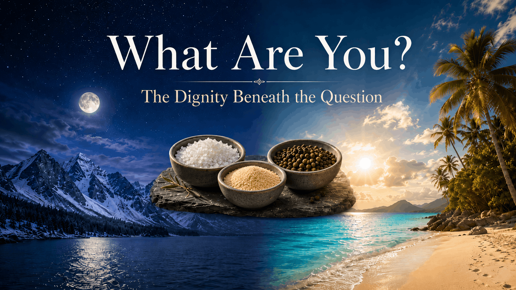 Featured image with the words “What Are You?” in large white lettering over a split scene. One side shows a dark blue night sky, moonlight, and snowy mountains; the other shows golden sunlight, palm trees, turquoise water, and a sandy beach. Three bowls of white salt, black pepper, and pale tan garlic powder sit together in the center, symbolizing identity beyond simple opposites. The subtitle reads, “The Dignity Beneath the Question."