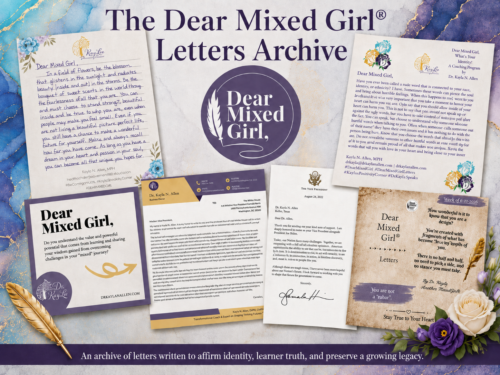 A polished Dear Mixed Girl® Letters Archive collage on a soft white marble-textured background accented with watercolor-like areas of smoky blue, teal, lavender, deep purple, and fine metallic-gold veining. Across the top, large deep-purple text reads “The Dear Mixed Girl® Letters Archive,” with the round purple-and-white Dear Mixed Girl® feather logo centered beneath it. Six overlapping examples show how Dr. KayLa N. Allen-Young’s Dear Mixed Girl® letters have visually evolved over time: an early handwritten letter in purple ink on floral stationery; an early digitally designed white letter with purple, teal, and gold floral details; a square white-and-purple Dear Mixed Girl graphic; a formal purple-and-gold letter Dr. KayLa sent to Former Vice President Kamala Harris; Former Vice President Harris’s formal White House response bearing the Vice Presidential seal and her signature; and a newer cream, purple, black, and gold Dear Mixed Girl® letter design. A small gold quill rests at the lower left, while white and deep-purple flowers with green leaves decorate the lower right. A narrow deep-purple banner along the bottom reads, “An archive of letters written to affirm identity, learner truth, and preserve a growing legacy.