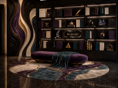 A sophisticated library lounge features a floor-to-ceiling black bookcase filled with neatly arranged black, cream, deep purple, and smoky blue books alongside distinctive decorative objects, including a gold quill, small gold teapot, crystal sculpture, purple crystal cluster, gold family sculpture, stepped gold pyramid, and black-and-gold accents. A glass sphere containing a deep purple lily sits beside a row of white books on the upper-left shelf, while a black, purple, blue, cream, and gold sign reading “Dear Mixed Girl” anchors the center shelving. To the left, a large sculptural wall installation flows in curved bands of black, cream, deep purple, smoky blue, and metallic gold. A curved deep-purple velvet bench with a smoky teal and gold throw rests on an abstract cream, purple, smoky blue, and gold rug over a dark polished floor, creating a warm, artistic, contemporary space illuminated by soft shelf lighting.
